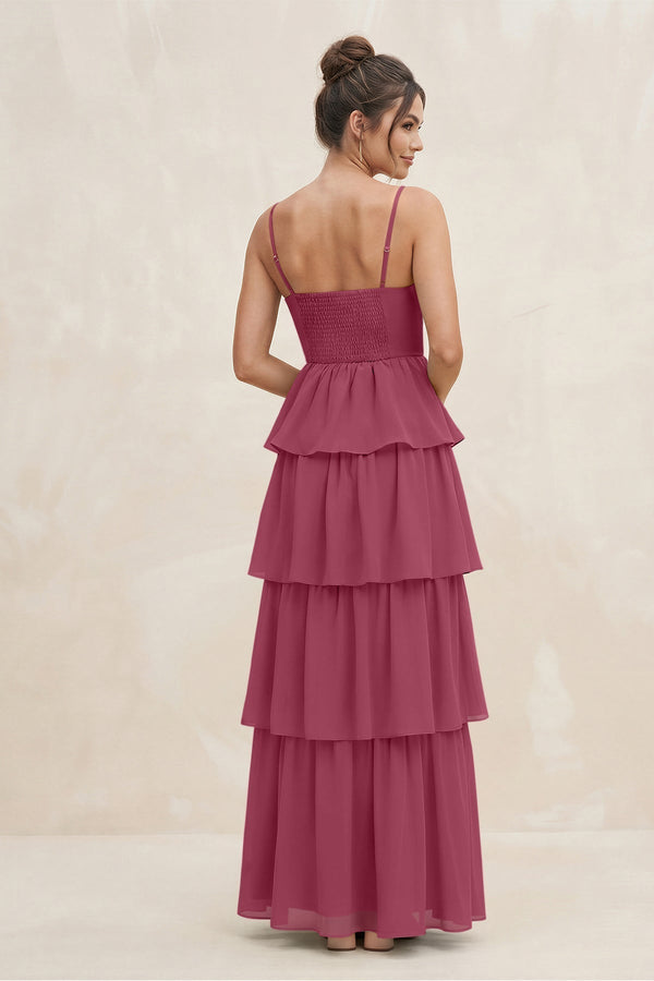 Cami Strap Tiered A - Line Chiffon Bridesmaid Dress in Desert Rose - KissProm Bridesmaid Dresses