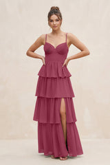 Cami Strap Tiered A - Line Chiffon Bridesmaid Dress in Desert Rose - KissProm Bridesmaid Dresses
