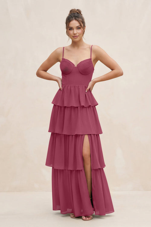 Cami Strap Tiered A - Line Chiffon Bridesmaid Dress in Desert Rose - KissProm Bridesmaid Dresses