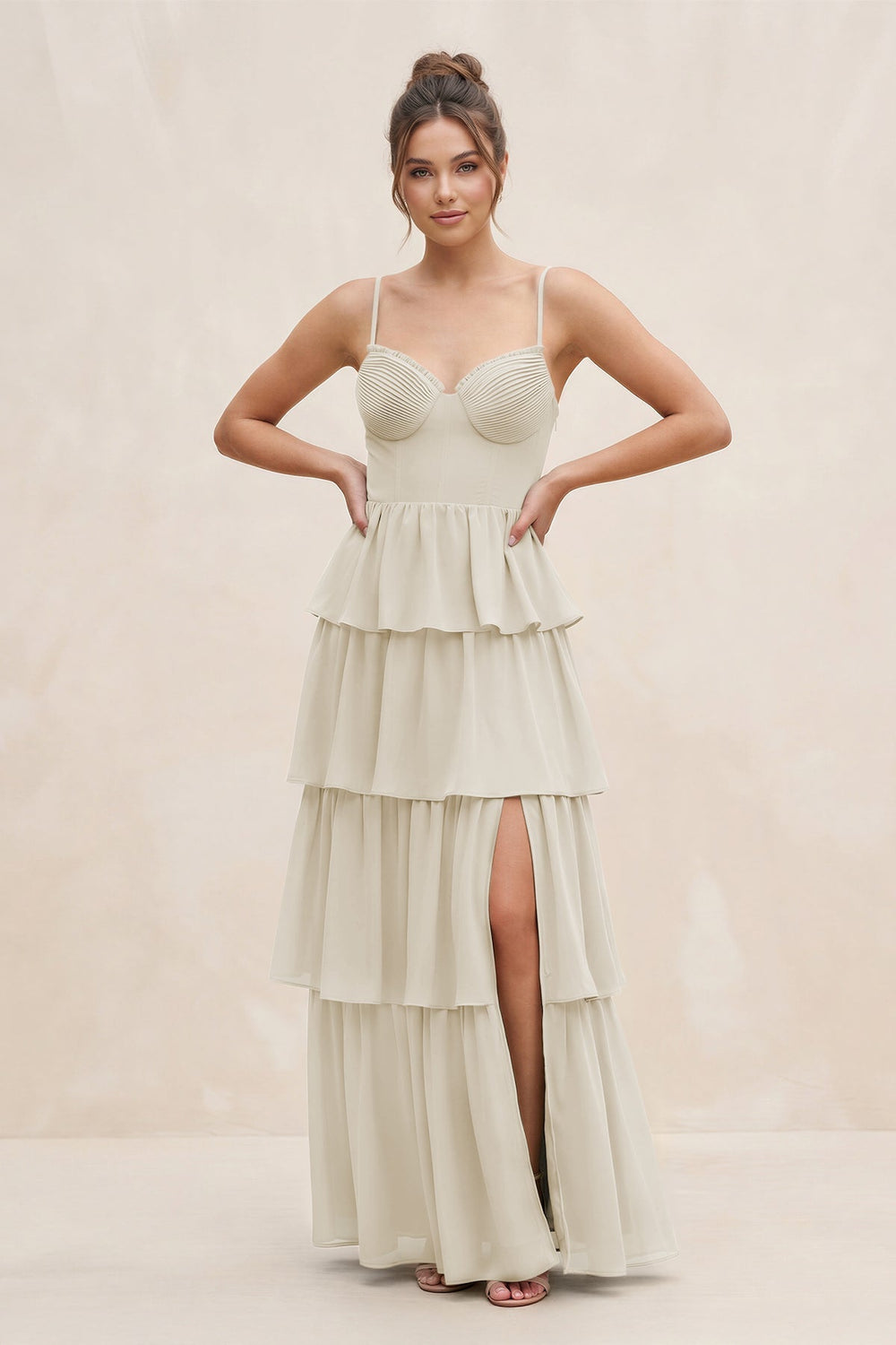 Cami Strap Tiered A - Line Chiffon Bridesmaid Dress in Dove Gray - KissProm Bridesmaid Dresses