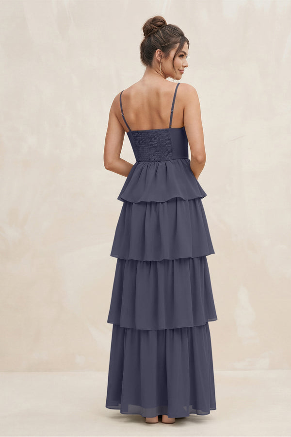 Cami Strap Tiered A - Line Chiffon Bridesmaid Dress in Dusk Blue - KissProm Bridesmaid Dresses