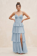 Cami Strap Tiered A - Line Chiffon Bridesmaid Dress in Dusty Blue - KissProm Bridesmaid Dresses