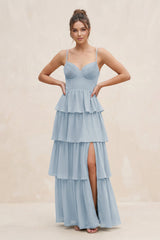 Cami Strap Tiered A - Line Chiffon Bridesmaid Dress in Dusty Blue - KissProm Bridesmaid Dresses