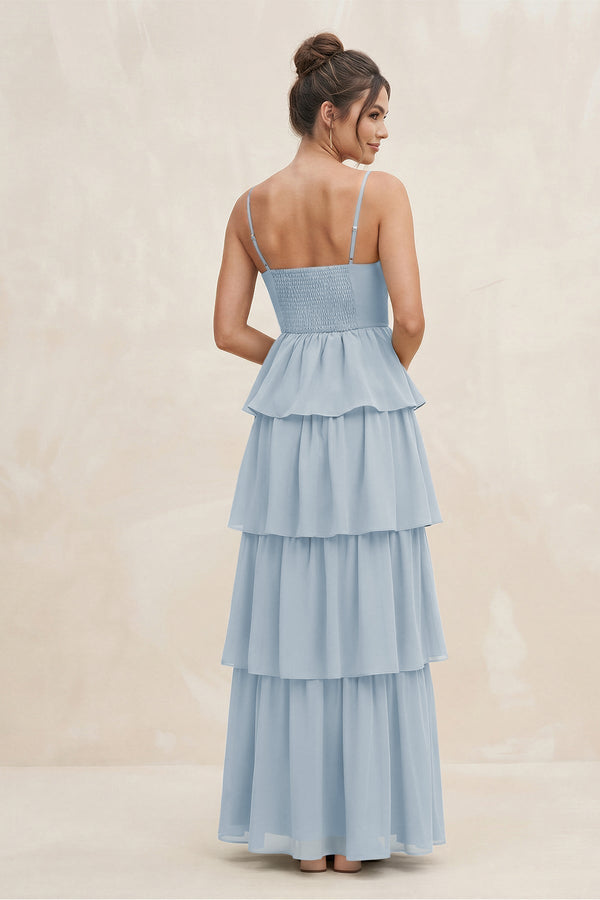 Cami Strap Tiered A - Line Chiffon Bridesmaid Dress in Dusty Blue - KissProm Bridesmaid Dresses