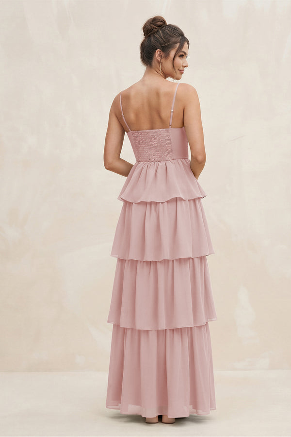 Cami Strap Tiered A - Line Chiffon Bridesmaid Dress in Dusty Rose - KissProm Bridesmaid Dresses