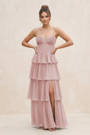 Cami Strap Tiered A - Line Chiffon Bridesmaid Dress in Dusty Rose - KissProm Bridesmaid Dresses