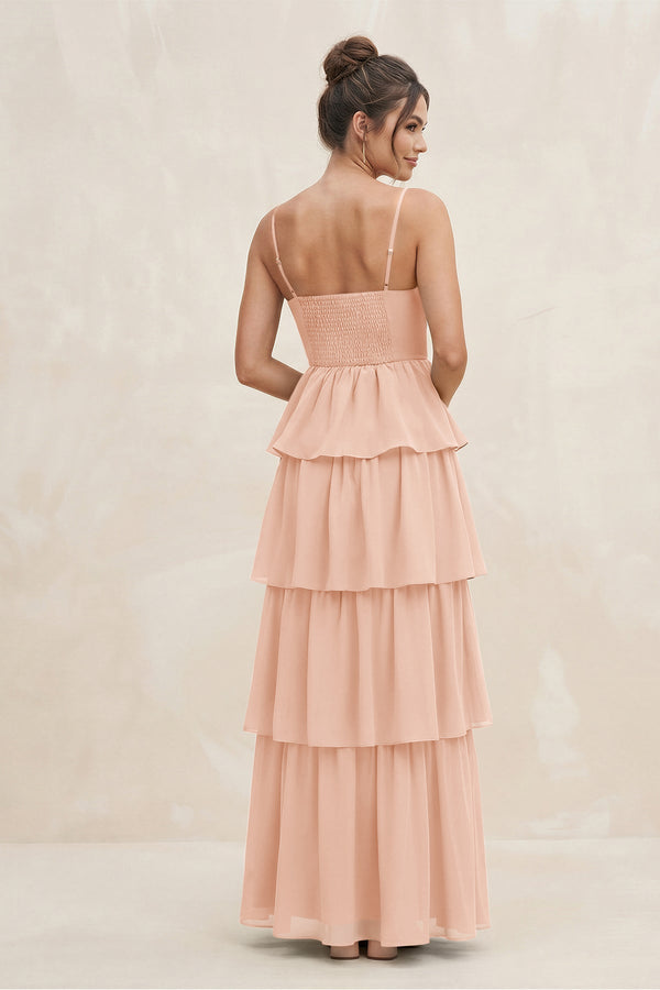 Cami Strap Tiered A - Line Chiffon Bridesmaid Dress in English Rose - KissProm Bridesmaid Dresses