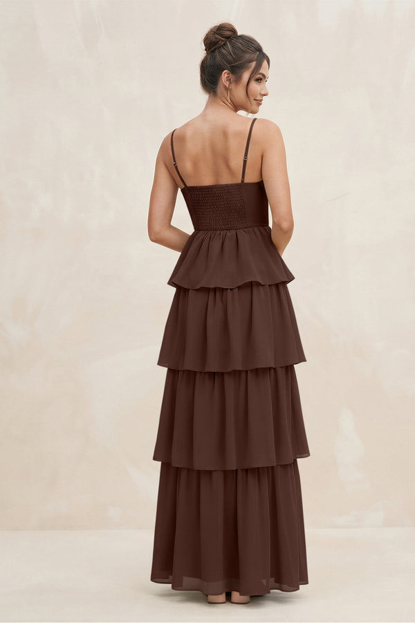 Cami Strap Tiered A - Line Chiffon Bridesmaid Dress in Espresso - KissProm Bridesmaid Dresses