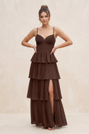 Cami Strap Tiered A - Line Chiffon Bridesmaid Dress in Espresso - KissProm Bridesmaid Dresses
