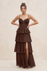 Cami Strap Tiered A - Line Chiffon Bridesmaid Dress in Espresso - KissProm Bridesmaid Dresses
