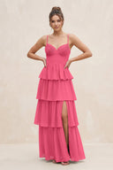 Cami Strap Tiered A - Line Chiffon Bridesmaid Dress in Fuchsia - KissProm Bridesmaid Dresses