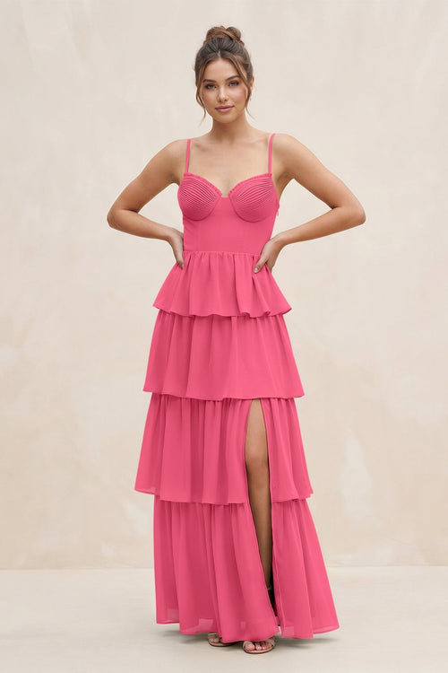 Cami Strap Tiered A - Line Chiffon Bridesmaid Dress in Fuchsia - KissProm Bridesmaid Dresses