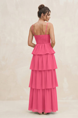 Cami Strap Tiered A - Line Chiffon Bridesmaid Dress in Fuchsia - KissProm Bridesmaid Dresses