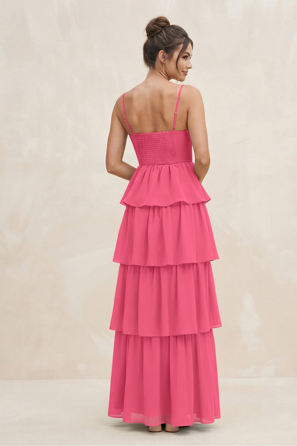 Cami Strap Tiered A - Line Chiffon Bridesmaid Dress in Fuchsia - KissProm Bridesmaid Dresses
