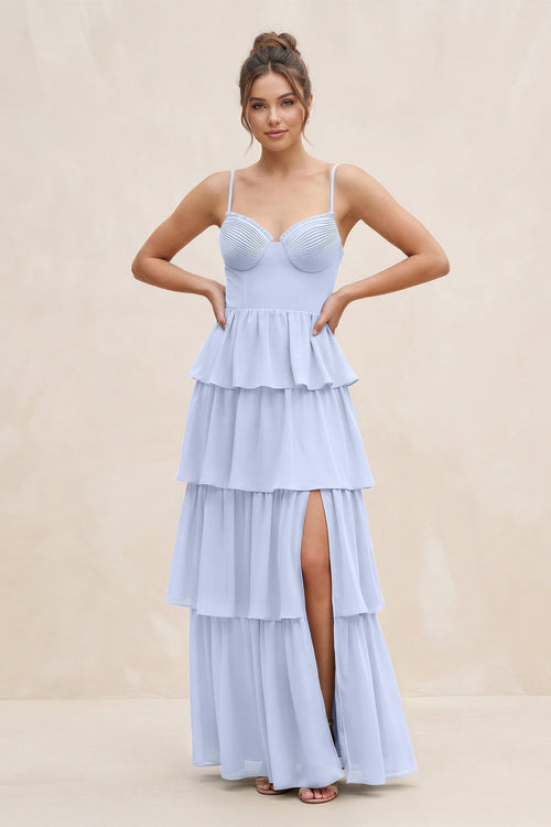 Cami Strap Tiered A - Line Chiffon Bridesmaid Dress in Ice - KissProm Bridesmaid Dresses