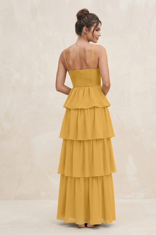 Cami Strap Tiered A - Line Chiffon Bridesmaid Dress in Marigold - KissProm Bridesmaid Dresses
