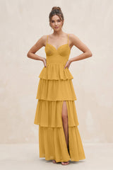 Cami Strap Tiered A - Line Chiffon Bridesmaid Dress in Marigold - KissProm Bridesmaid Dresses