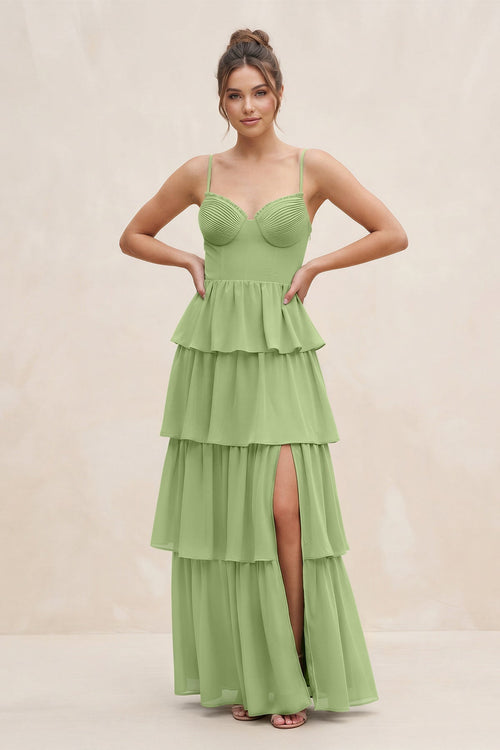 Cami Strap Tiered A - Line Chiffon Bridesmaid Dress in Matcha - KissProm Bridesmaid Dresses