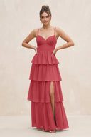 Cami Strap Tiered A - Line Chiffon Bridesmaid Dress in Merlot - KissProm Bridesmaid Dresses