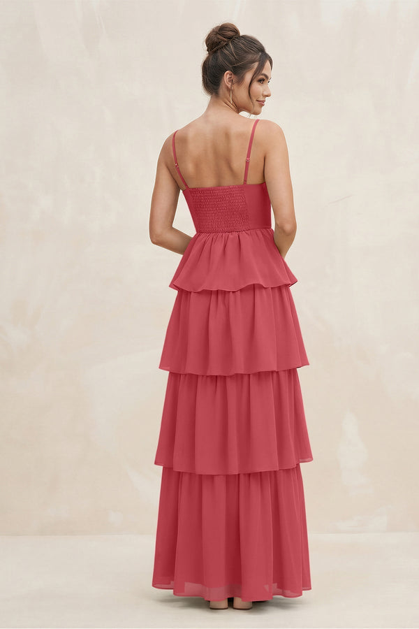 Cami Strap Tiered A - Line Chiffon Bridesmaid Dress in Merlot - KissProm Bridesmaid Dresses