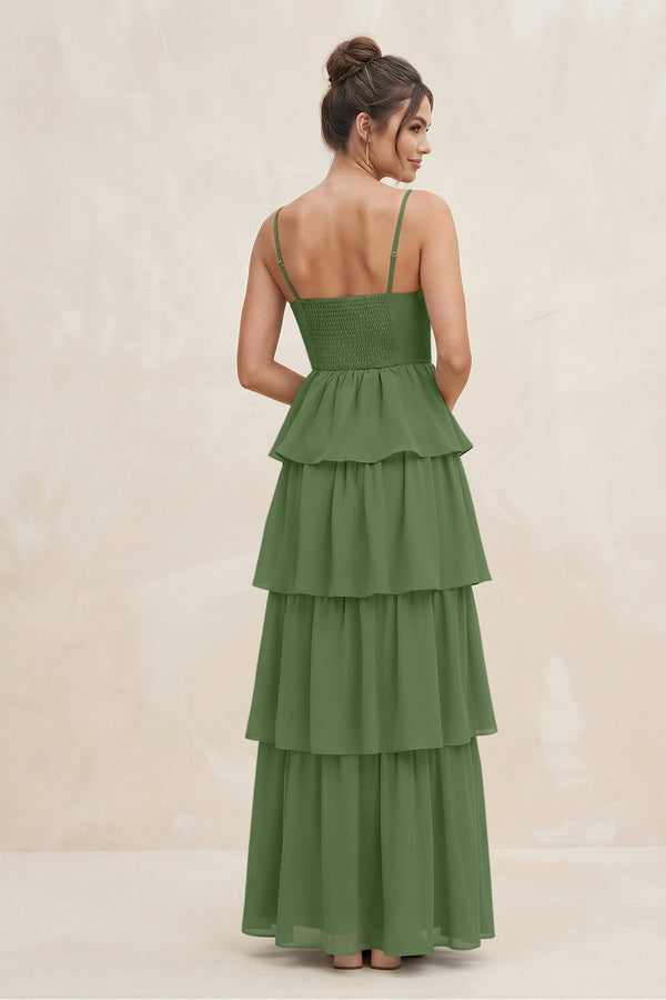 Cami Strap Tiered A - Line Chiffon Bridesmaid Dress in Moss - KissProm Bridesmaid Dresses