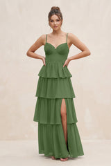 Cami Strap Tiered A - Line Chiffon Bridesmaid Dress in Moss - KissProm Bridesmaid Dresses