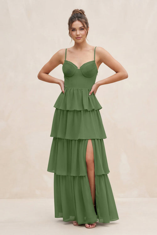 Cami Strap Tiered A - Line Chiffon Bridesmaid Dress in Moss - KissProm Bridesmaid Dresses