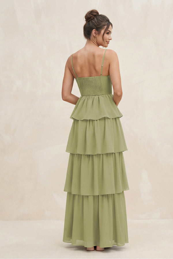 Cami Strap Tiered A - Line Chiffon Bridesmaid Dress in Moss Green - KissProm Bridesmaid Dresses