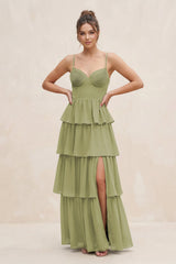 Cami Strap Tiered A - Line Chiffon Bridesmaid Dress in Moss Green - KissProm Bridesmaid Dresses