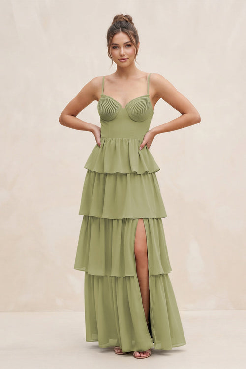 Cami Strap Tiered A - Line Chiffon Bridesmaid Dress in Moss Green - KissProm Bridesmaid Dresses
