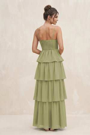 Cami Strap Tiered A - Line Chiffon Bridesmaid Dress in Moss Green - KissProm Bridesmaid Dresses