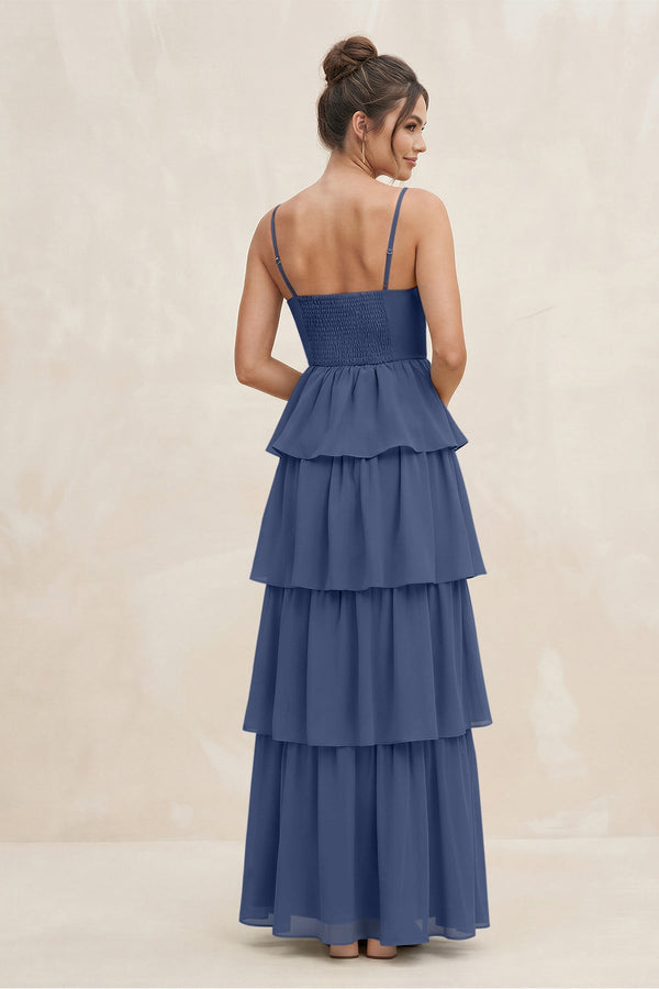 Cami Strap Tiered A - Line Chiffon Bridesmaid Dress in Navy - KissProm Bridesmaid Dresses