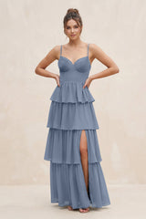 Cami Strap Tiered A - Line Chiffon Bridesmaid Dress in Neptune - KissProm Bridesmaid Dresses