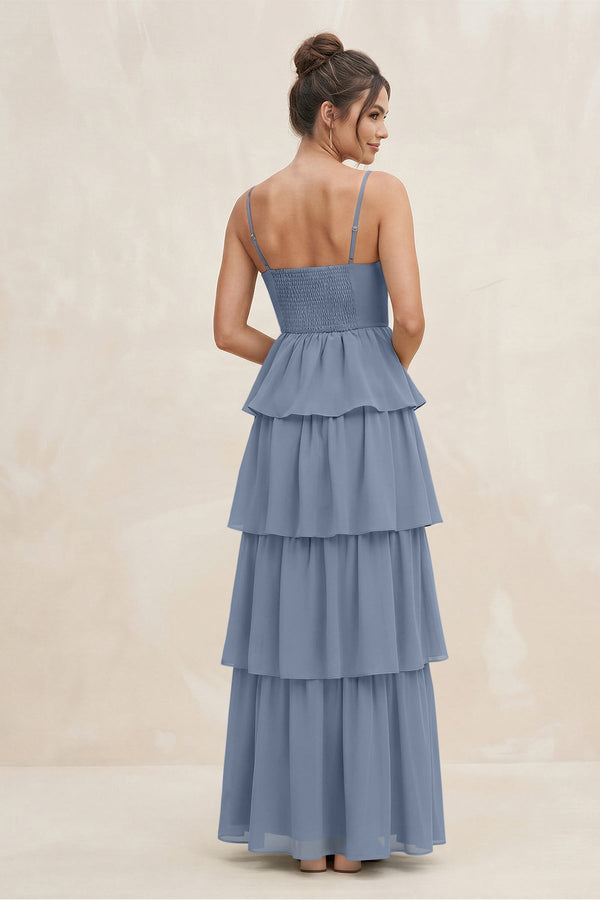 Cami Strap Tiered A - Line Chiffon Bridesmaid Dress in Neptune - KissProm Bridesmaid Dresses