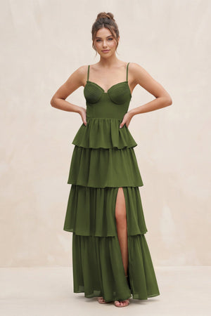 Cami Strap Tiered A - Line Chiffon Bridesmaid Dress in Olive - KissProm Bridesmaid Dresses