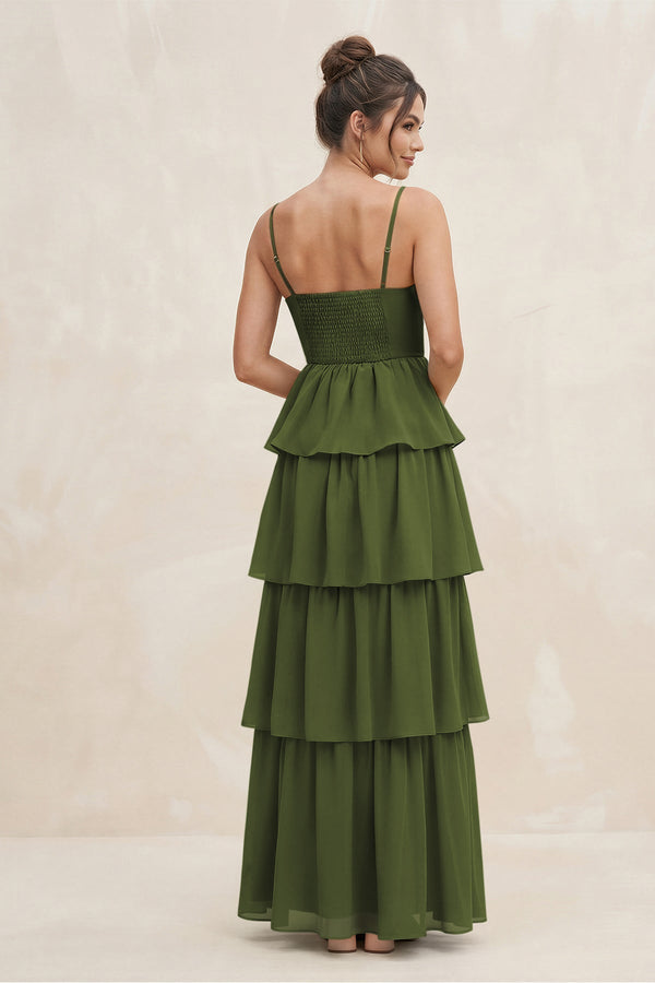Cami Strap Tiered A - Line Chiffon Bridesmaid Dress in Olive - KissProm Bridesmaid Dresses