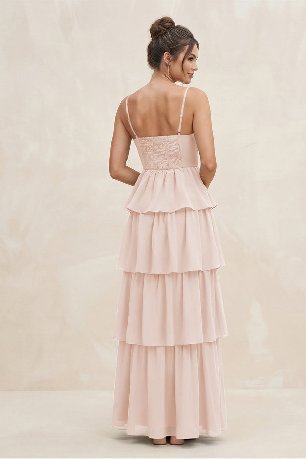 Cami Strap Tiered A - Line Chiffon Bridesmaid Dress in Pale Blush - KissProm Bridesmaid Dresses