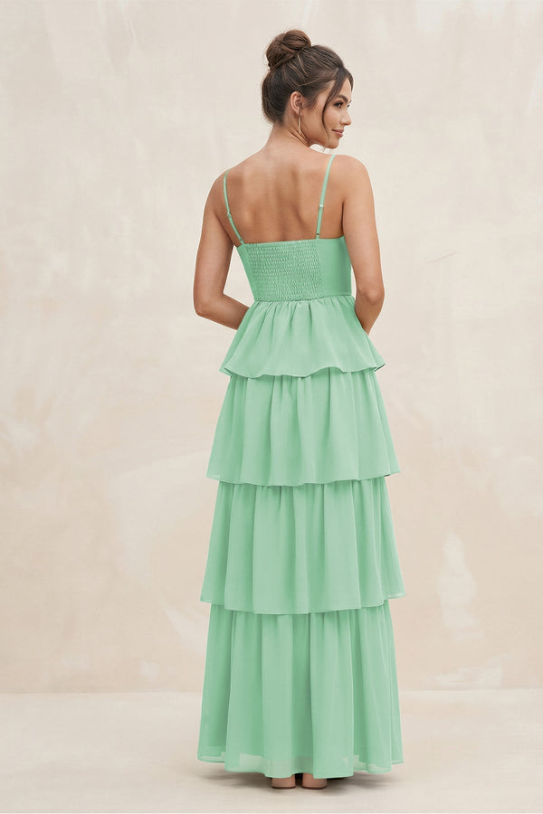 Cami Strap Tiered A - Line Chiffon Bridesmaid Dress in Pale Pistachio - KissProm Bridesmaid Dresses