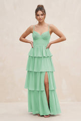 Cami Strap Tiered A - Line Chiffon Bridesmaid Dress in Pale Pistachio - KissProm Bridesmaid Dresses