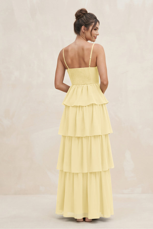 Cami Strap Tiered A - Line Chiffon Bridesmaid Dress in Pastel Yellow - KissProm Bridesmaid Dresses