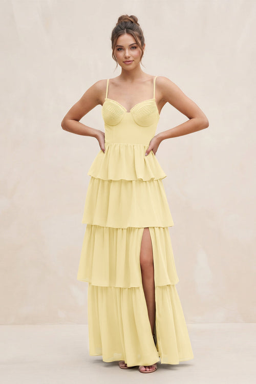 Cami Strap Tiered A - Line Chiffon Bridesmaid Dress in Pastel Yellow - KissProm Bridesmaid Dresses