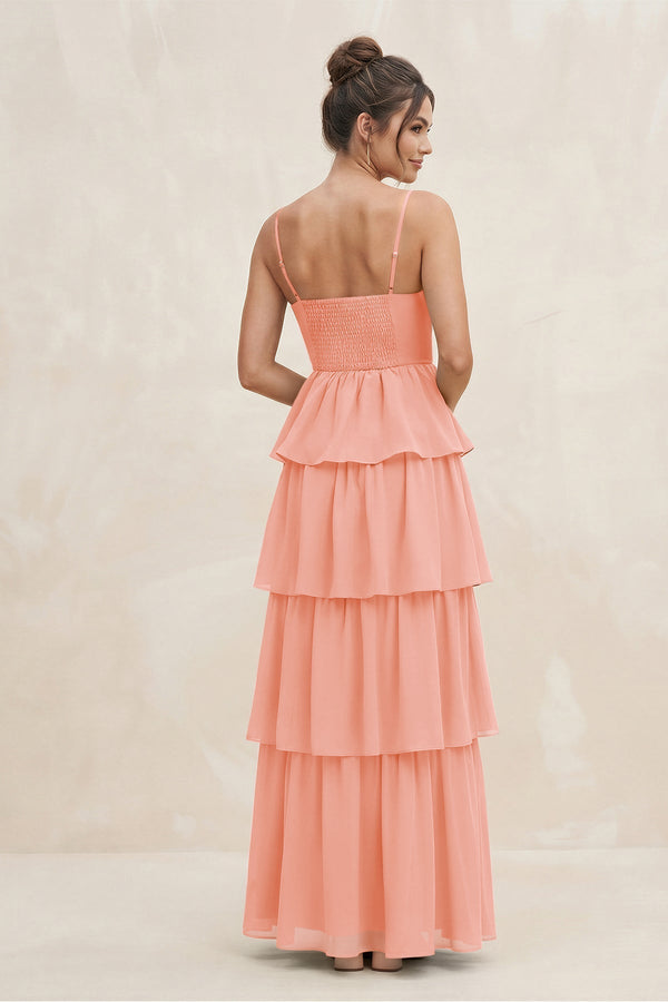 Cami Strap Tiered A - Line Chiffon Bridesmaid Dress in Rosette - KissProm Bridesmaid Dresses
