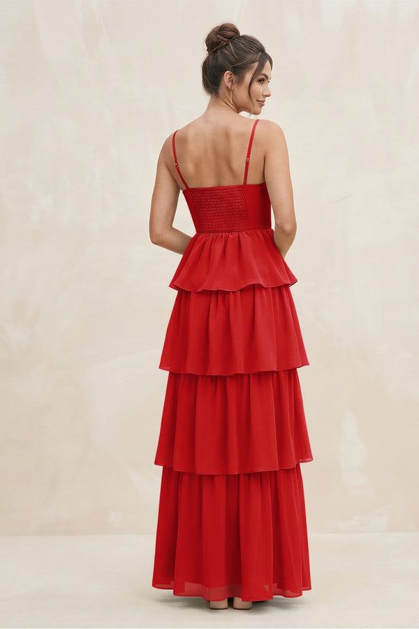 Cami Strap Tiered A - Line Chiffon Bridesmaid Dress in Ruby Red - KissProm Bridesmaid Dresses