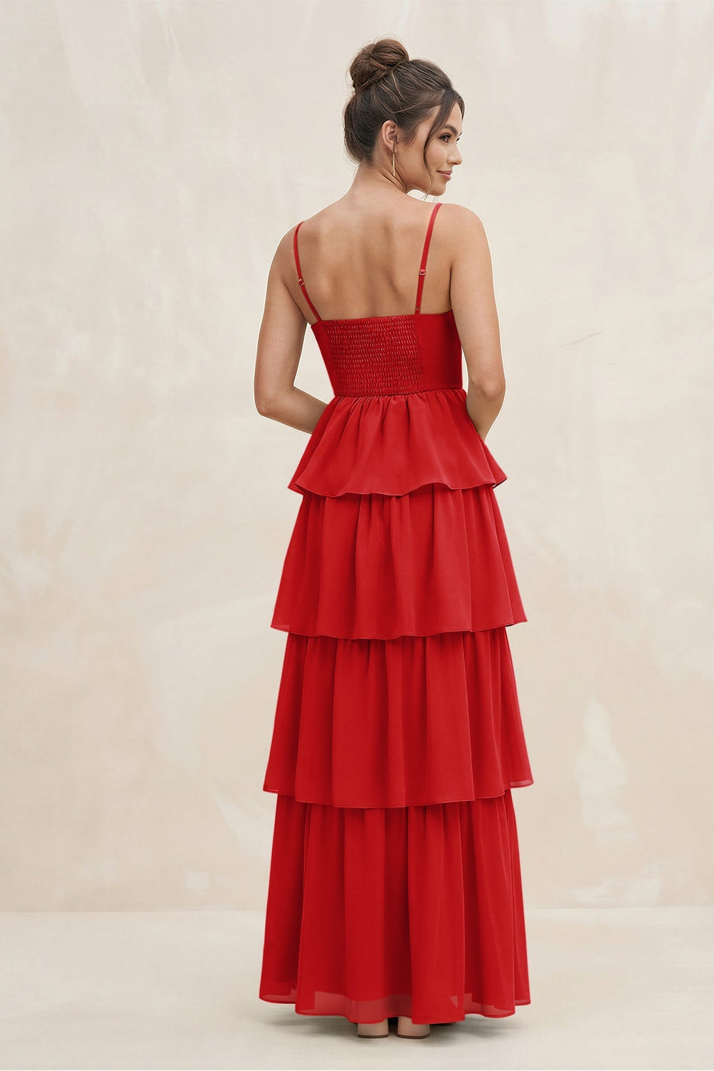 Cami Strap Tiered A - Line Chiffon Bridesmaid Dress in Ruby Red - KissProm Bridesmaid Dresses