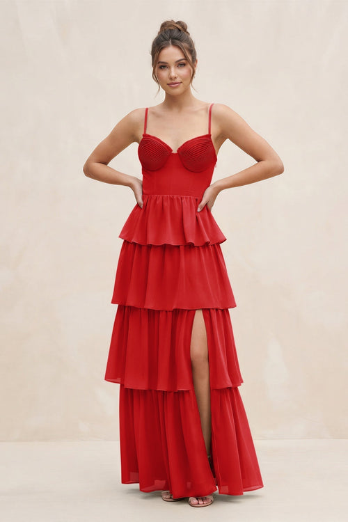Cami Strap Tiered A - Line Chiffon Bridesmaid Dress in Ruby Red - KissProm Bridesmaid Dresses