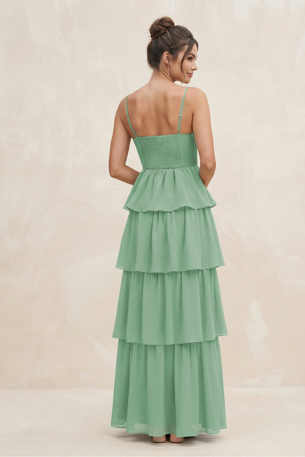 Cami Strap Tiered A - Line Chiffon Bridesmaid Dress in Sea Glass - KissProm Bridesmaid Dresses