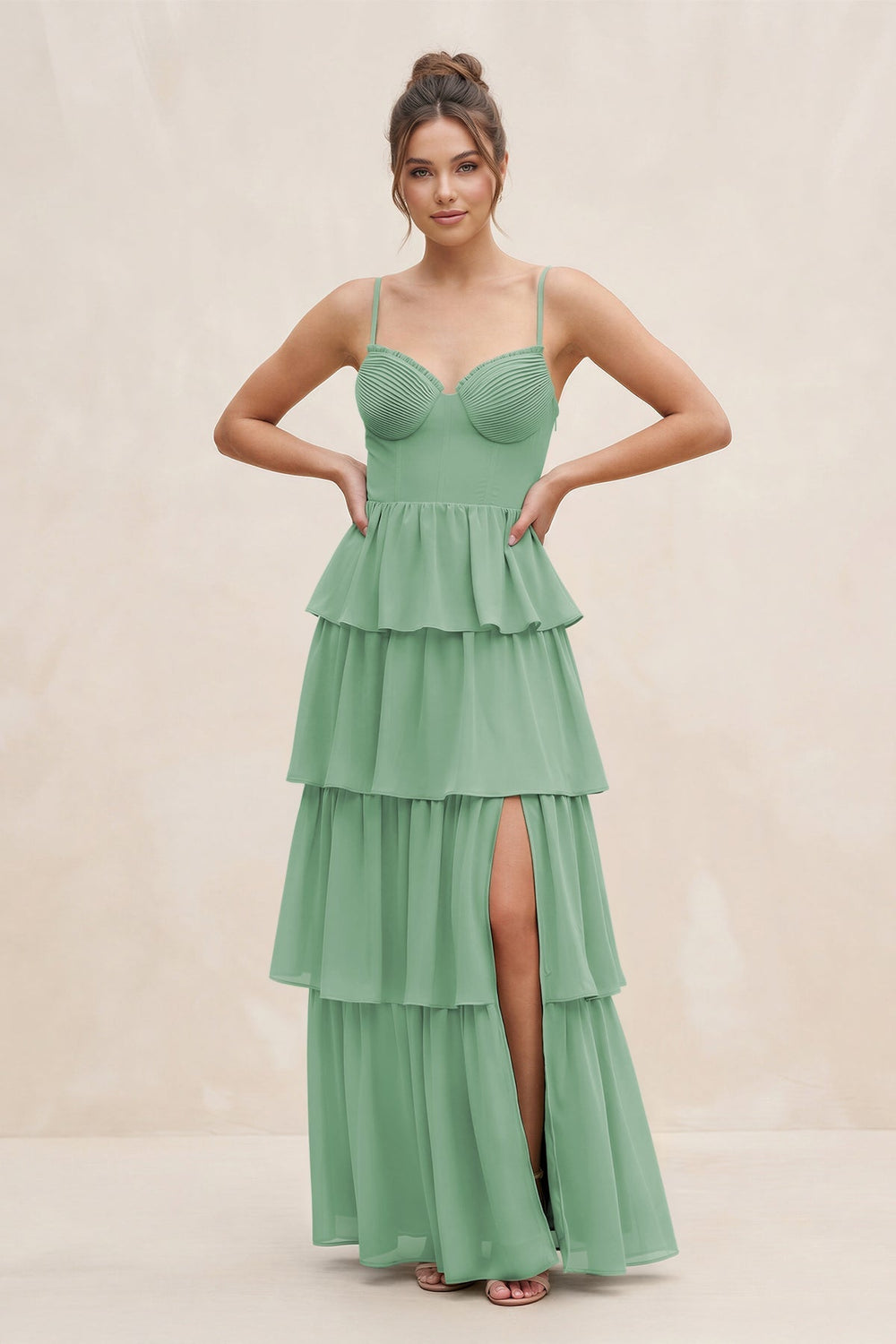 Cami Strap Tiered A - Line Chiffon Bridesmaid Dress in Sea Glass - KissProm Bridesmaid Dresses