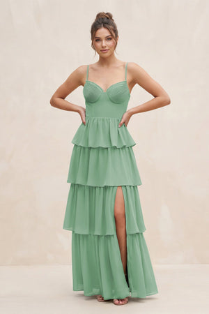 Cami Strap Tiered A - Line Chiffon Bridesmaid Dress in Sea Glass - KissProm Bridesmaid Dresses