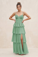 Cami Strap Tiered A - Line Chiffon Bridesmaid Dress in Sea Glass - KissProm Bridesmaid Dresses