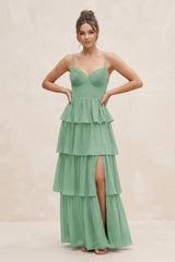 Cami Strap Tiered A - Line Chiffon Bridesmaid Dress in Sea Glass - KissProm Bridesmaid Dresses